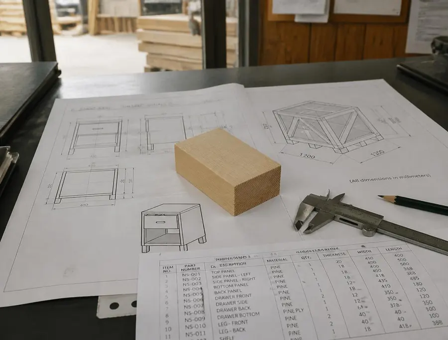 Planos técnicos de mueble y de embalaje de exportación con lista de materiales y calibrador
